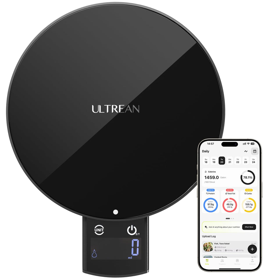 Ultrean smart scale displaying nutrition calculator for precise tracking