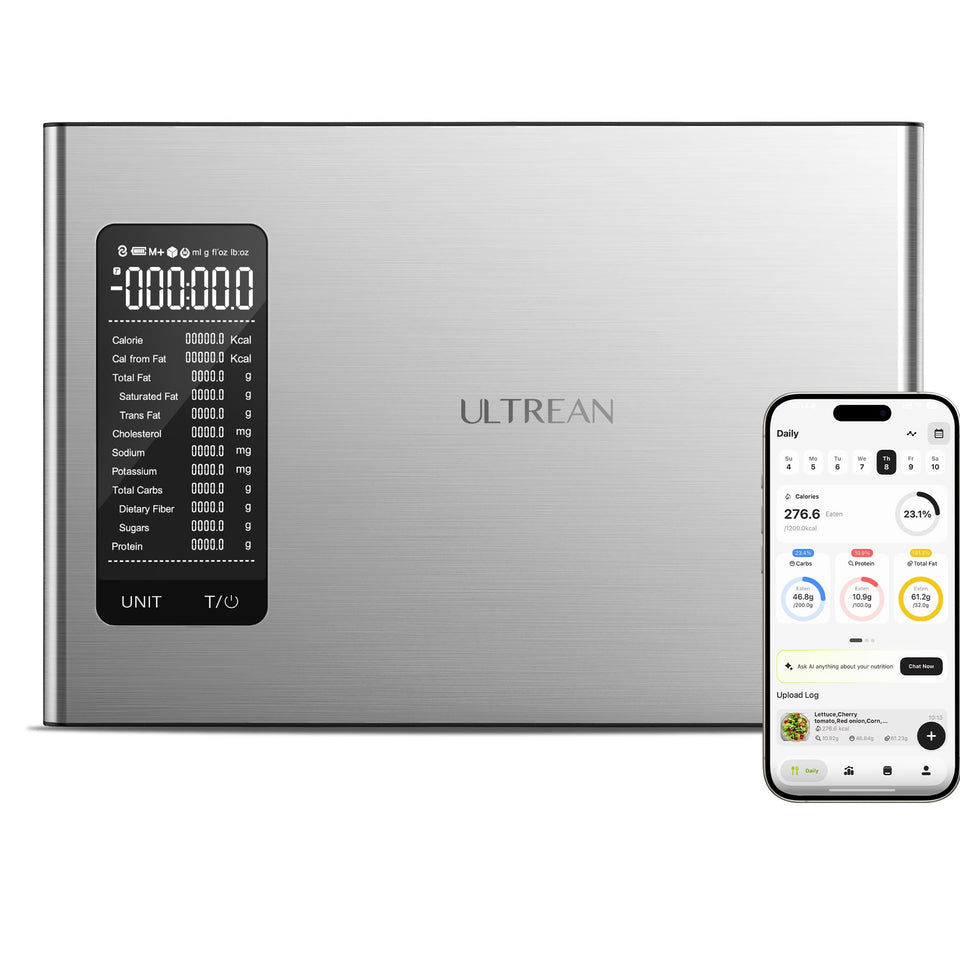 Ultrean smart scale with nutritional calculator on countertop for accurate meal logging