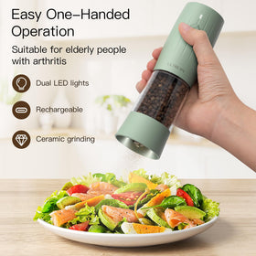 Ultrean spice mill LED light reveals pepper grains during grinding.