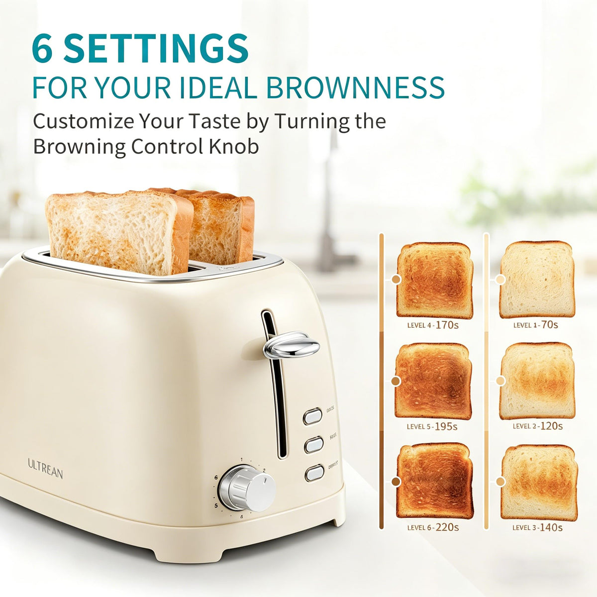 Ultrean toaster showing six browning settings for customizable shade.