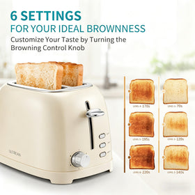 Ultrean toaster showing six browning settings for customizable shade.