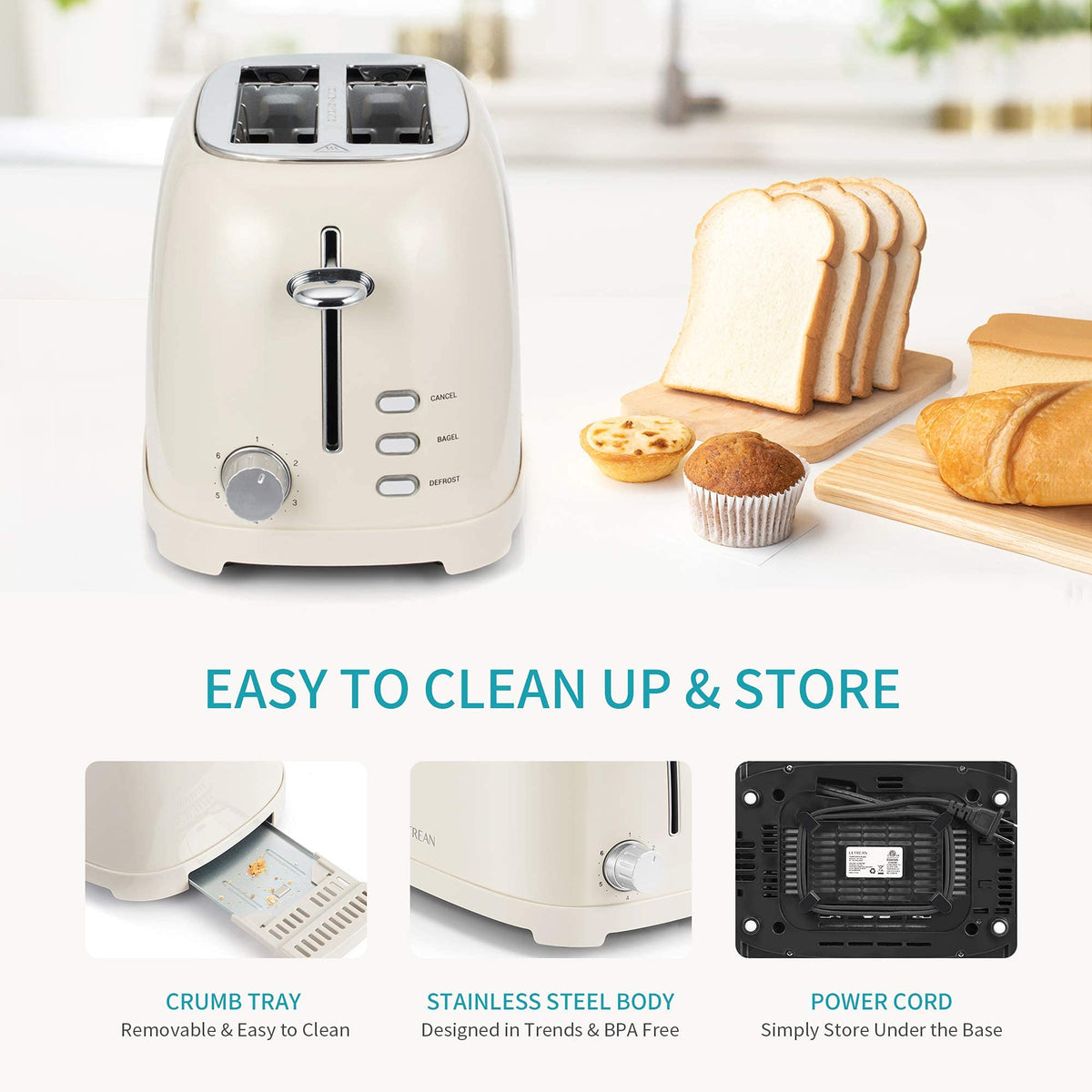 Ultrean compact toaster with cord storage to reduce countertop clutter.
