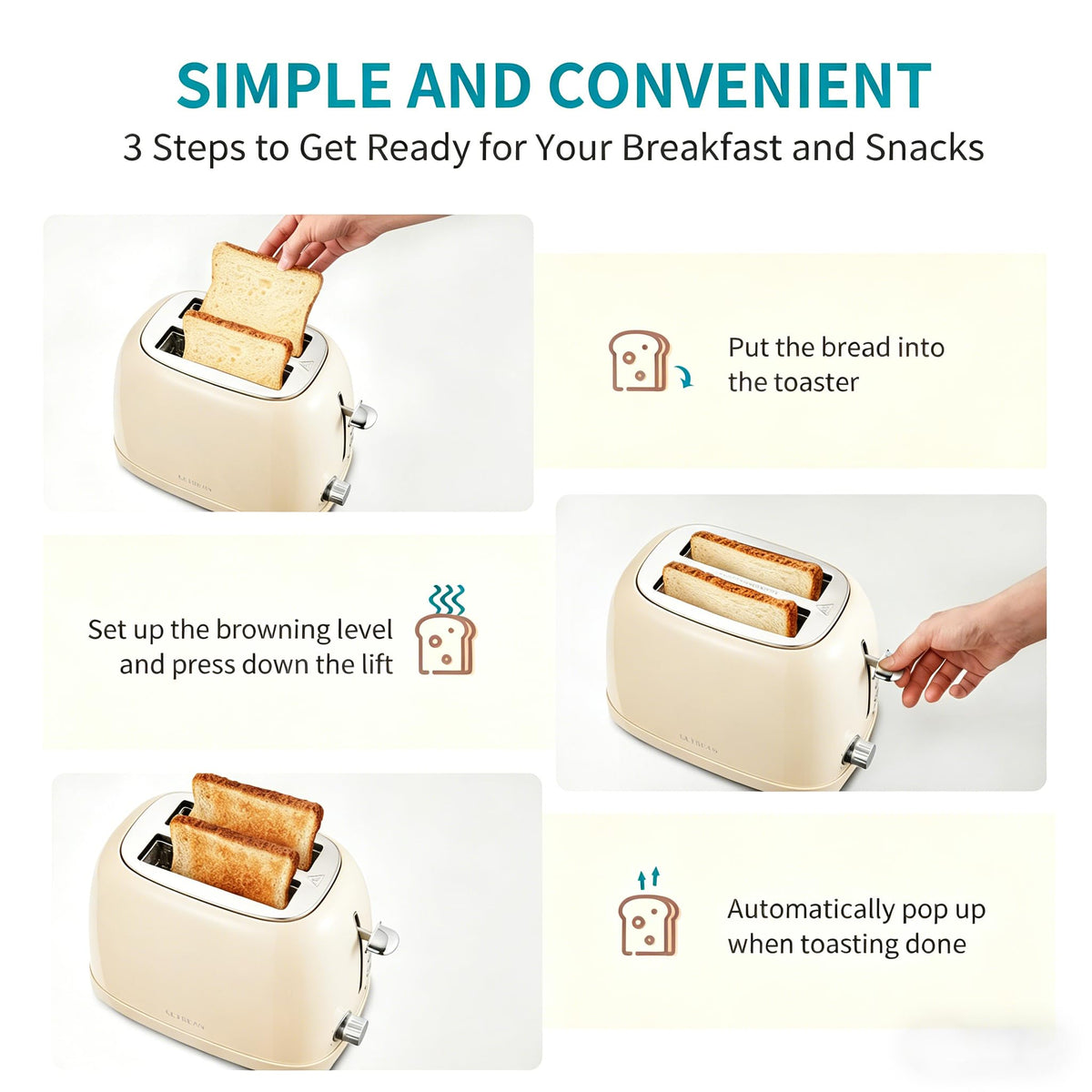 Ultrean removable crumb tray for easy surface cleaning after toasting.
