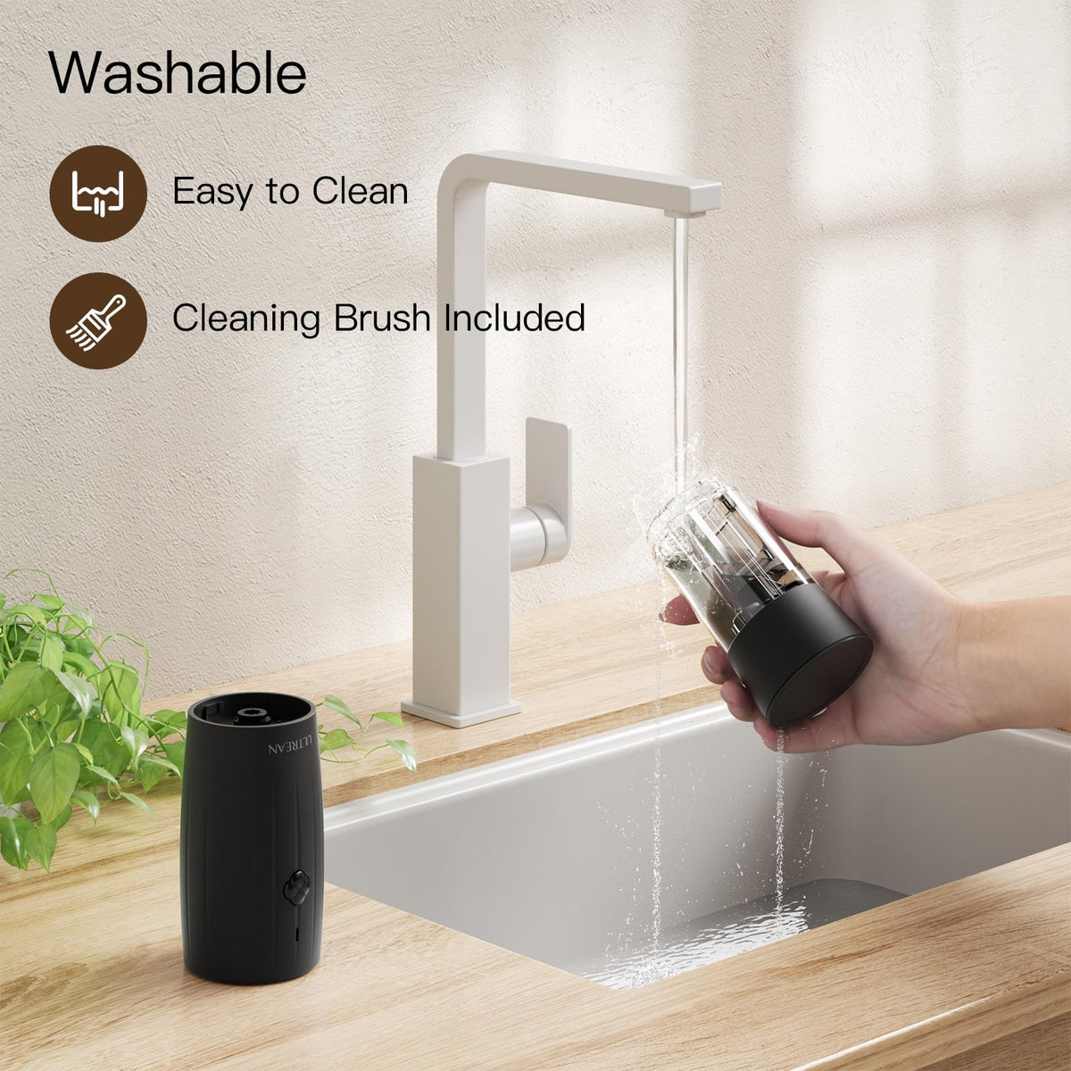 Washable container on Ultrean grinders to prevent flavor mixing and simplify cleanup.