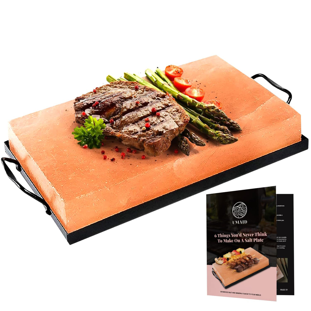 UMAID Himalayan salt block plate with pink crystals for elegant serving and flavor