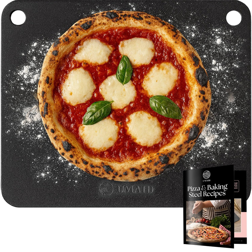 UMAID pizza steel in an oven setup for restaurant-quality crust at home.