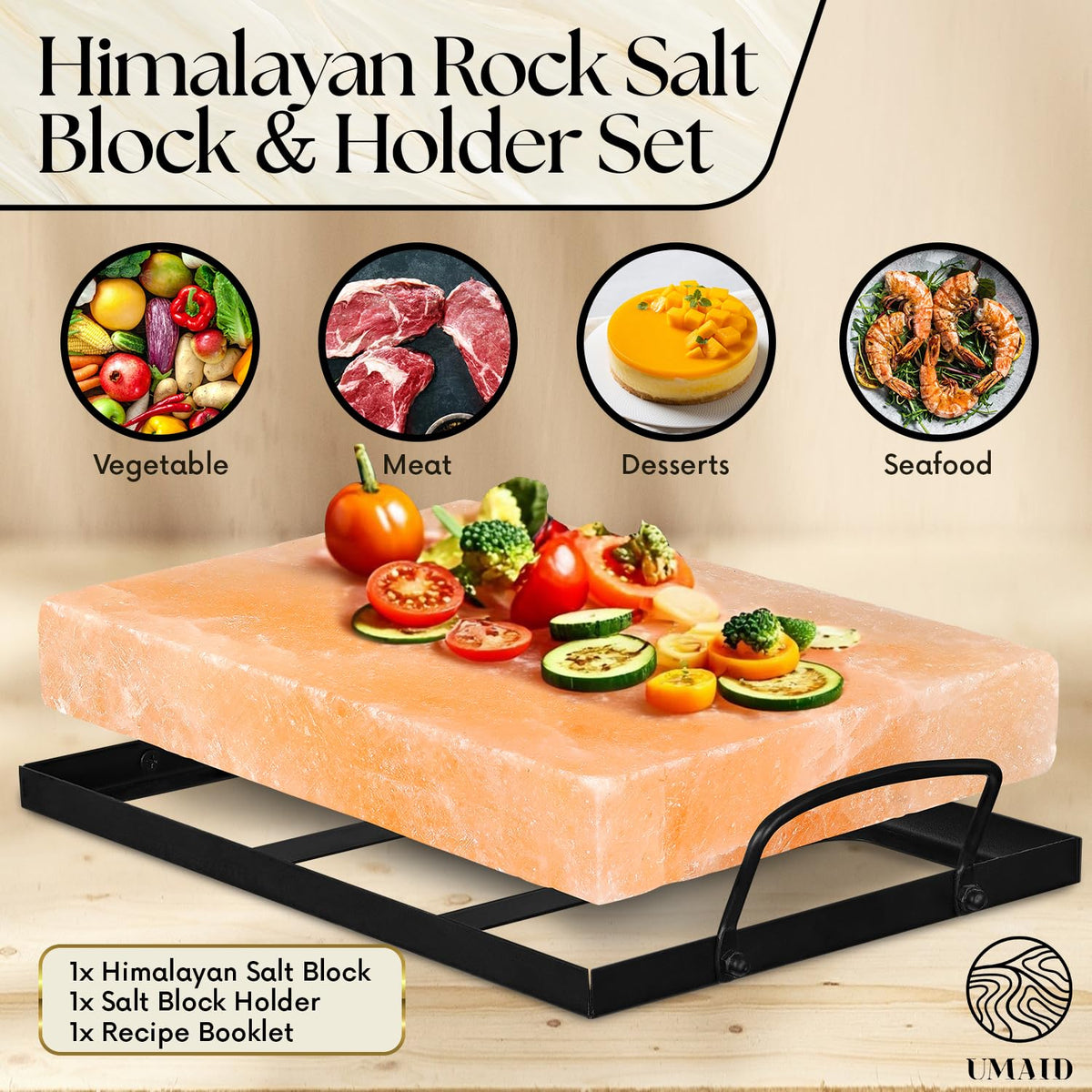UMAID Himalayan salt block serving plate for hot or cold meals
