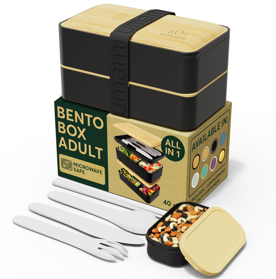 Umami Bento Box All-In-One 40 oz with utensils, ideal for office lunches.