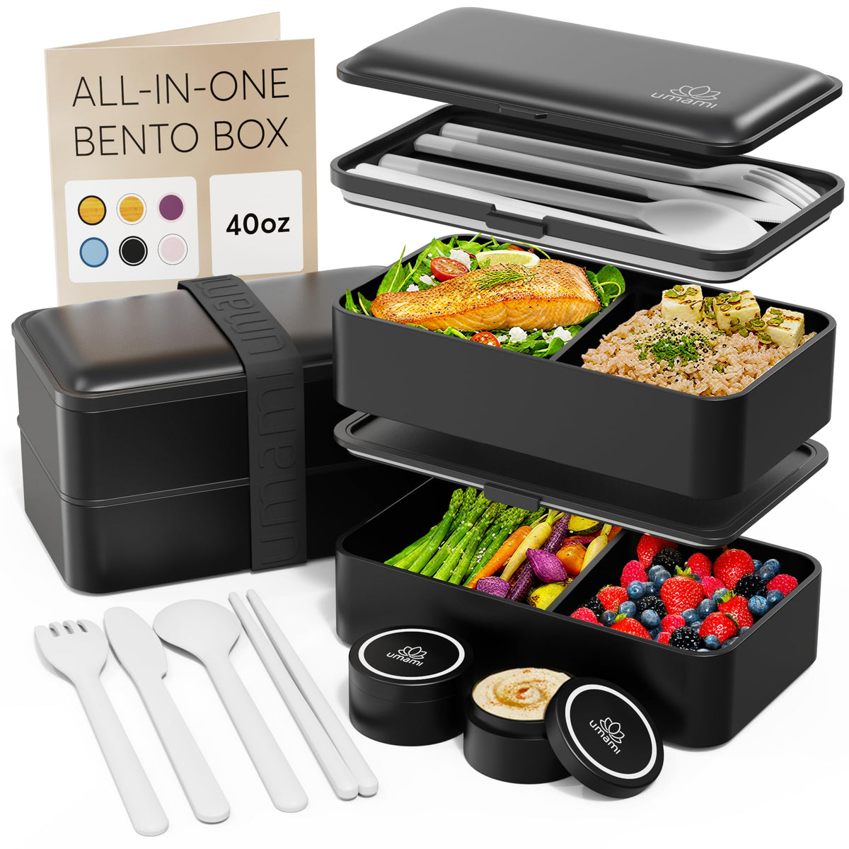 Umami Bento Box matte black front view showing a sleek, stackable lunch solution for easy meal prep.