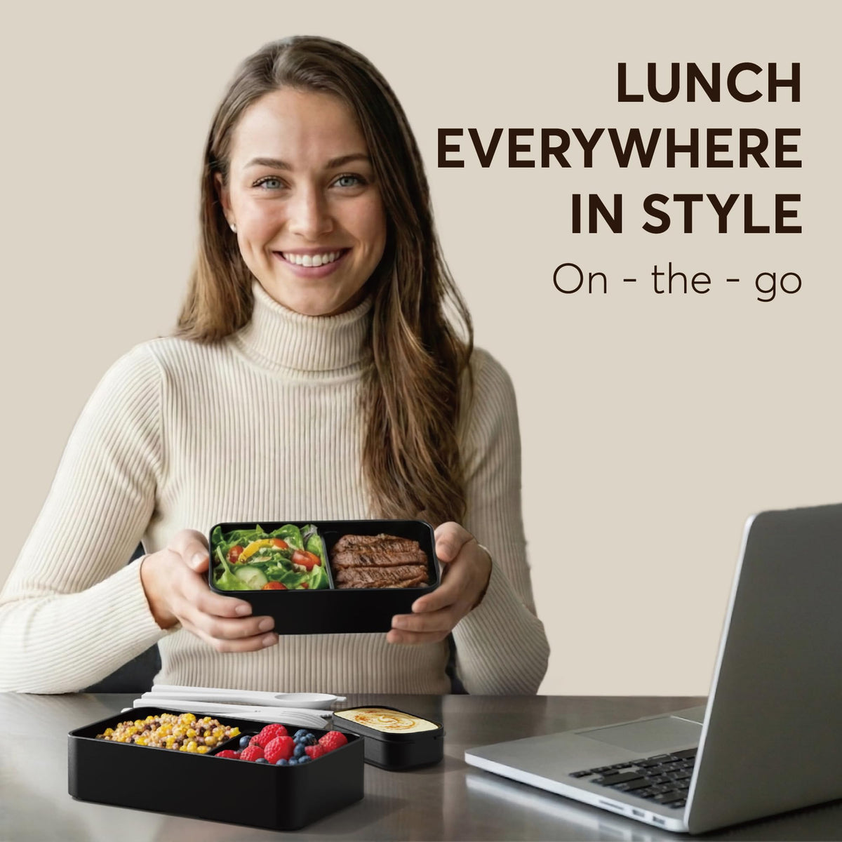 Umami Bento Box with four utensils, ready for on-the-go meals.