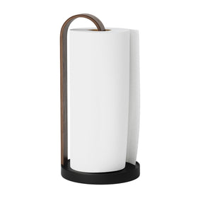 Umbra Bellwood Paper Towel Holder wood stand supports stable one handed use.