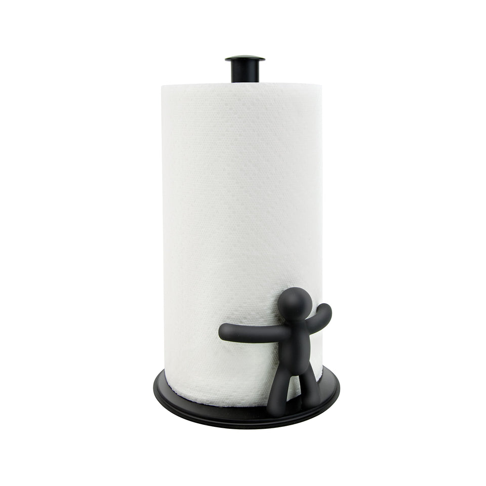 Umbra Buddy black countertop paper towel holder enables easy one-handed tearing.