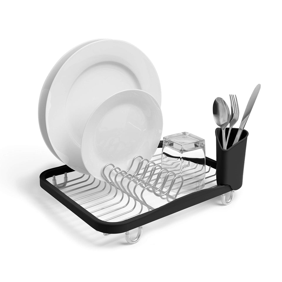 Umbra Sinkin under-sink dish drying rack keeps counters clear while drying dishes.