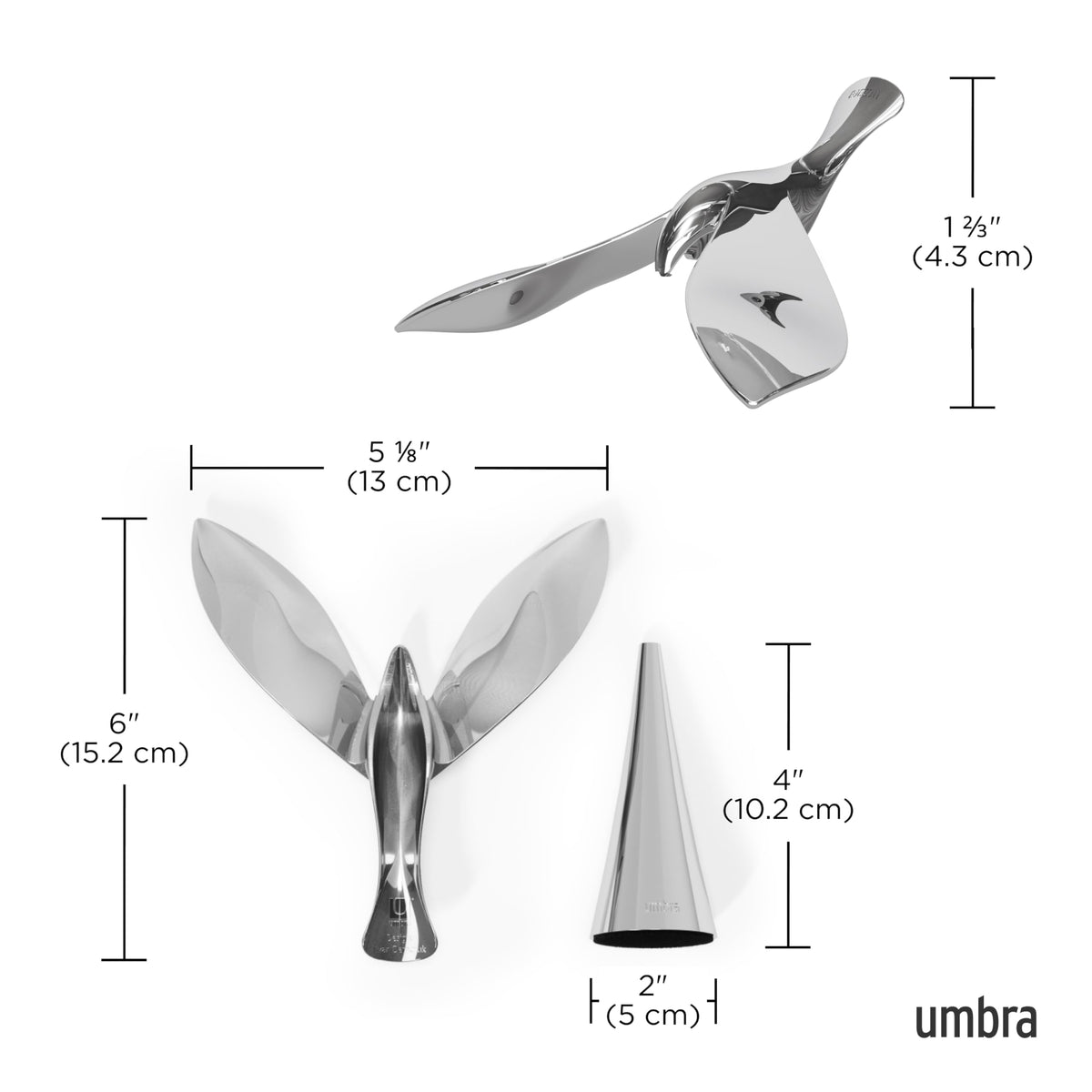 Umbra Tipsy closeup shows cast metal construction and a polished chrome finish.