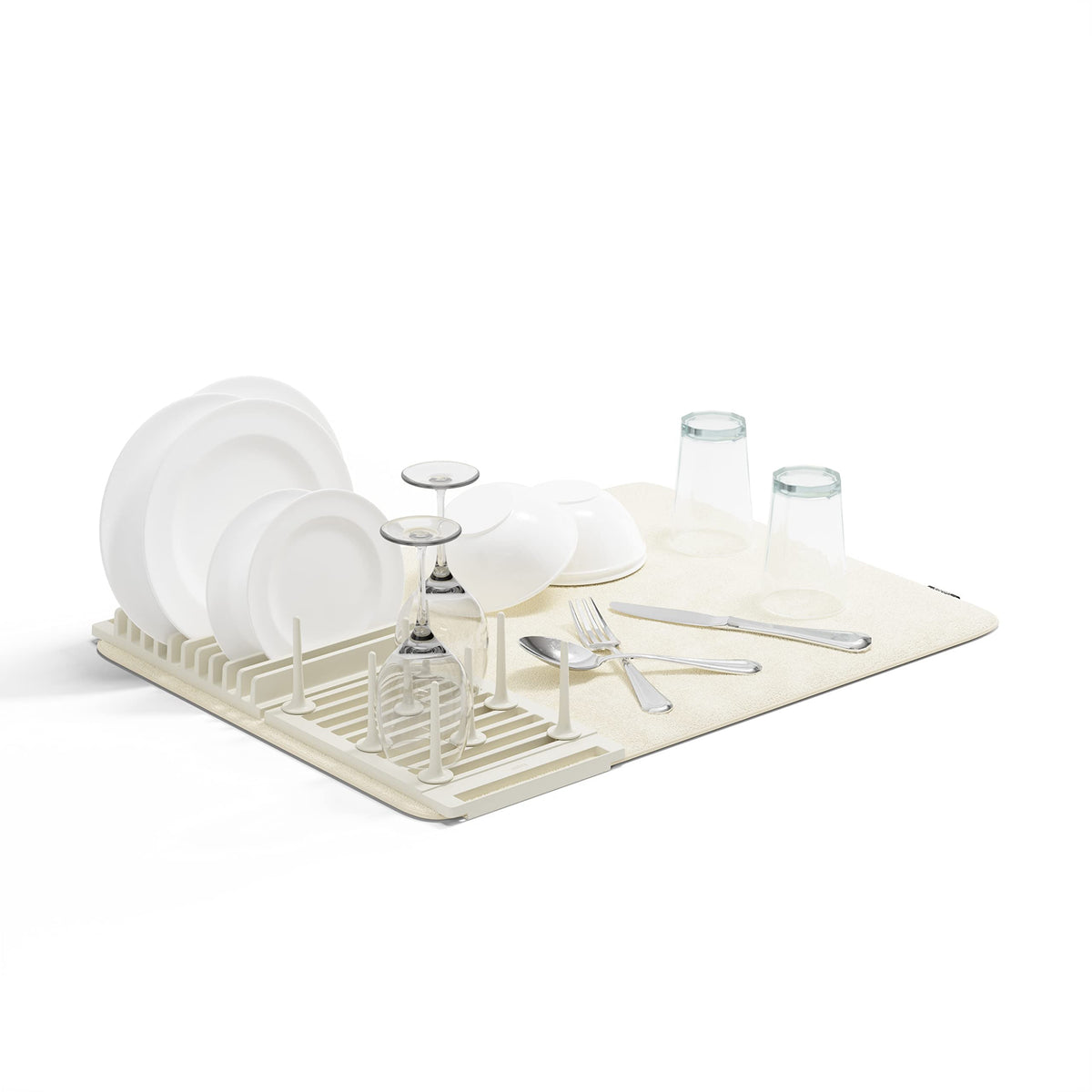 Umbra Udry dish rack with peg system showing adjustable pegs for awkwardly shaped dishes