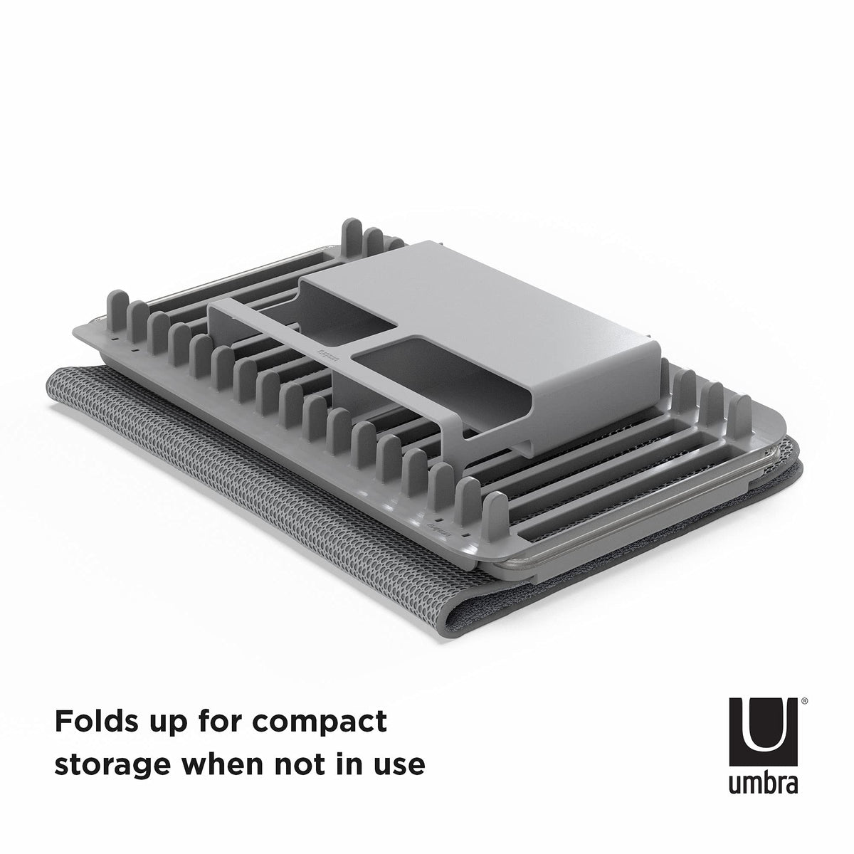 Umbra UDry folds compactly for storage in a drawer or cabinet.