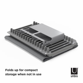 Umbra UDry folds compactly for storage in a drawer or cabinet.