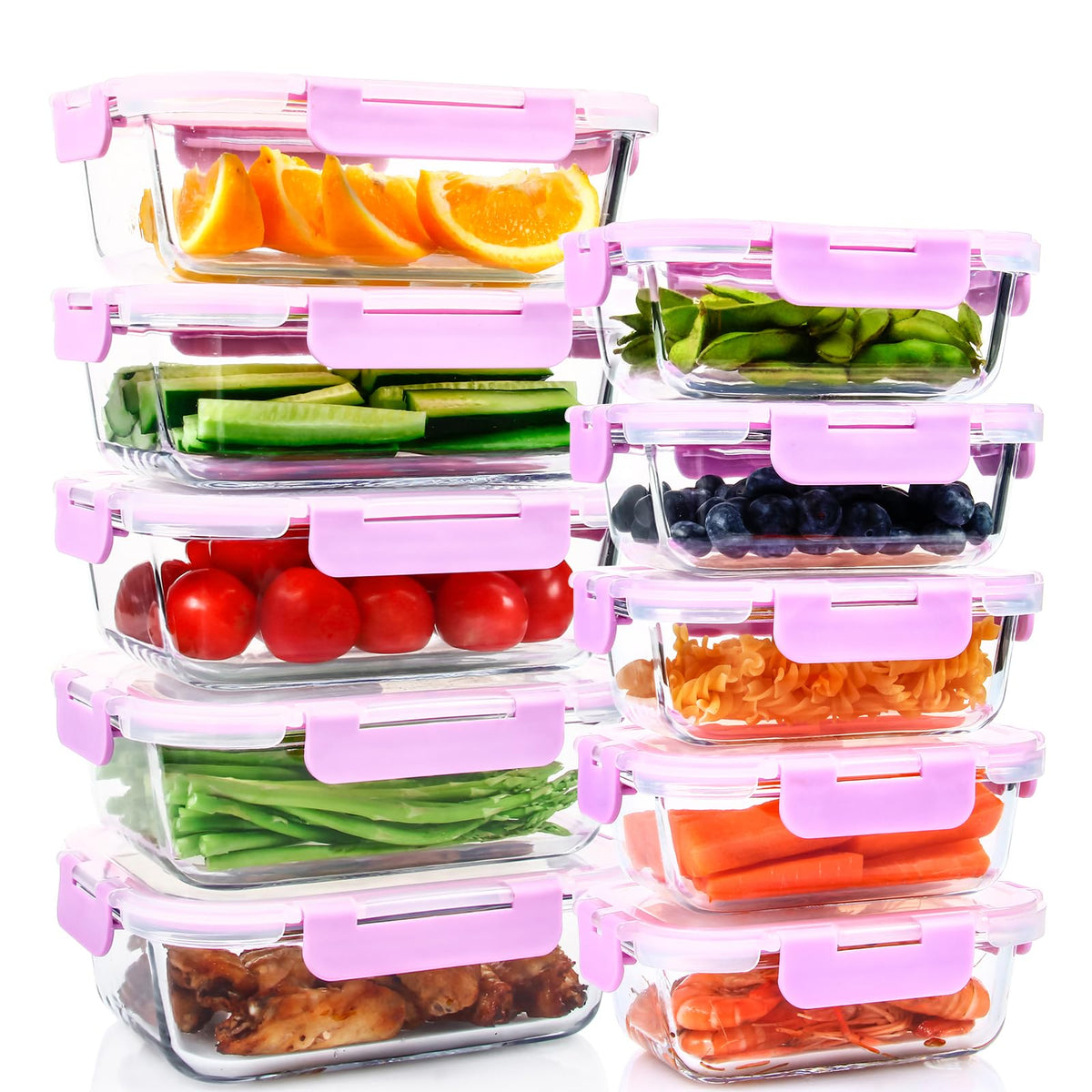 UMEIED 10-pack glass containers with lids for organized meal prep and leftovers.