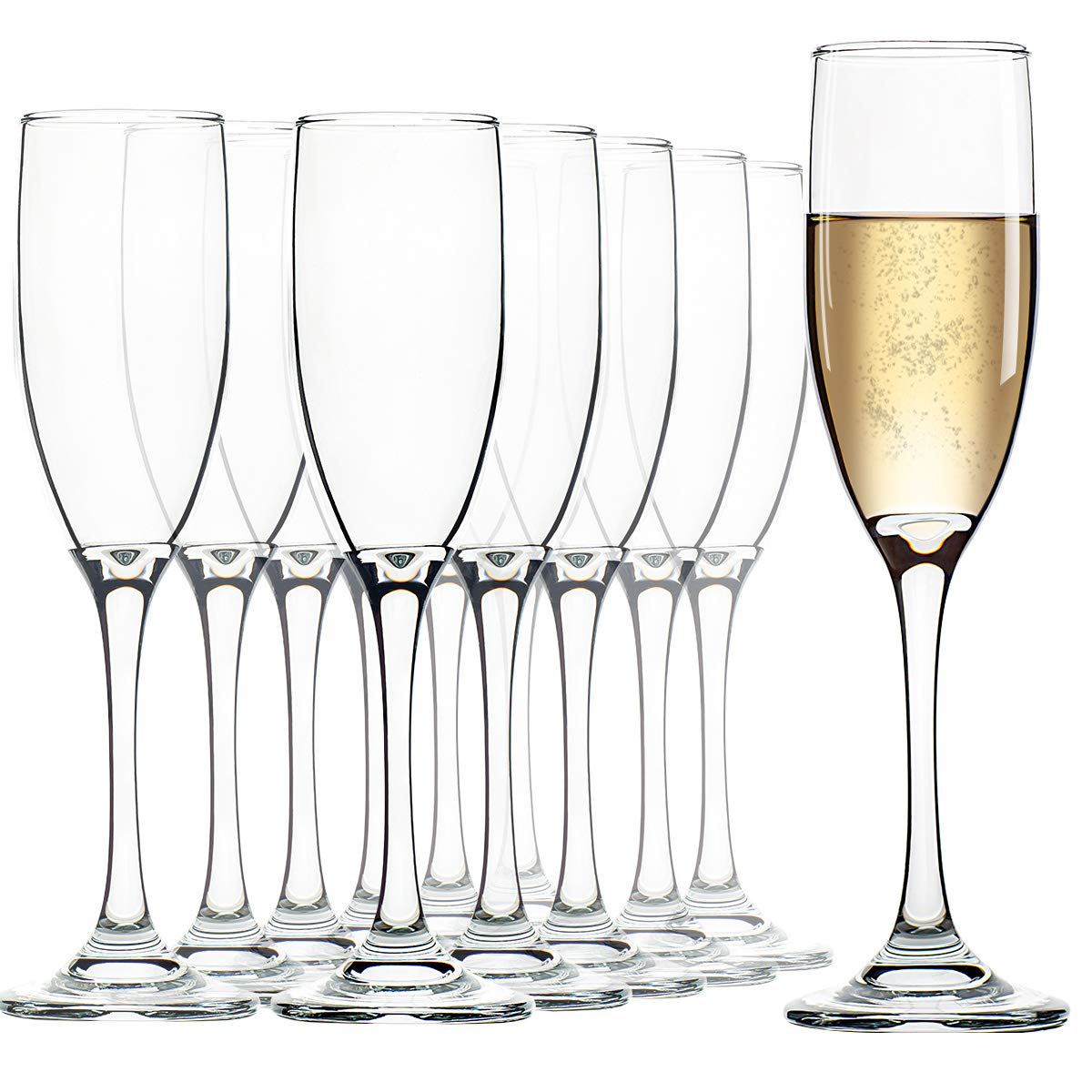 UMEIED champagne flutes 12-pack with 6 oz capacity, crystal-clear tulip shape for celebrations.