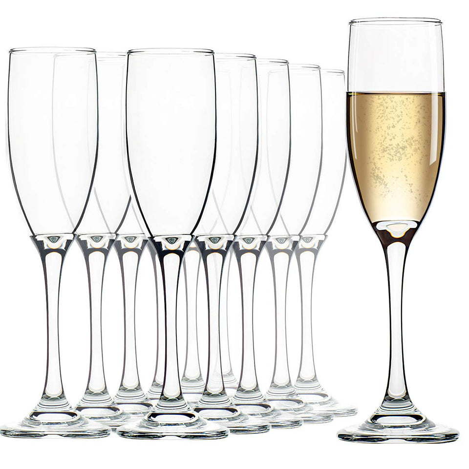 UMEIED champagne flutes 12-pack with 6 oz capacity, crystal-clear tulip shape for celebrations.