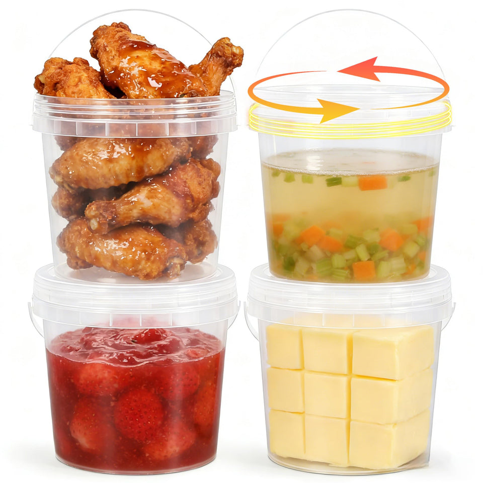 UMETASS 64oz transparent bucket showing contents for easy meal prep.