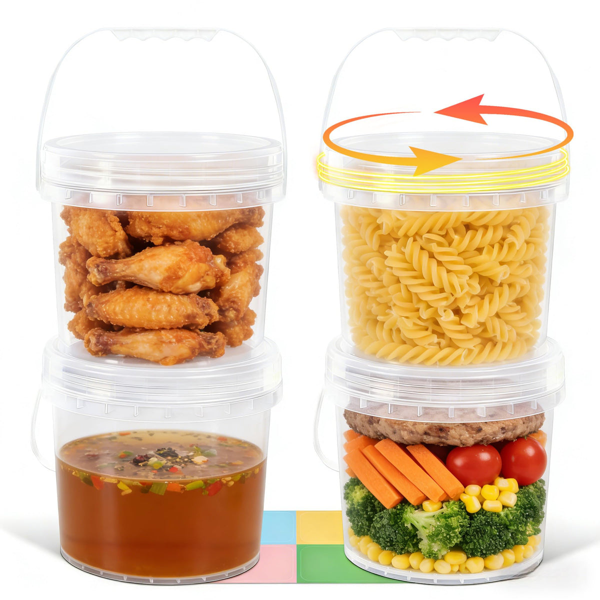 UMETASS clear bucket set with screw lids for airtight snack storage.