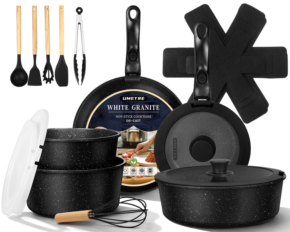 UMETRE pots and pans set with detachable handle for versatile cooking in small spaces.
