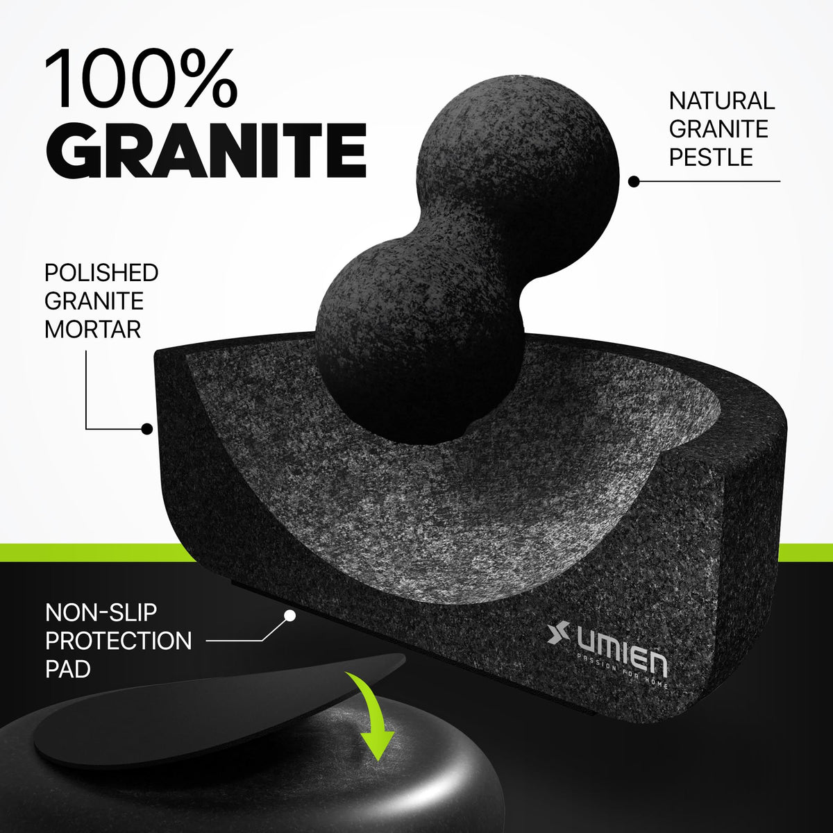 UMIEN granite mortar and pestle close-up highlighting durable natural stone.