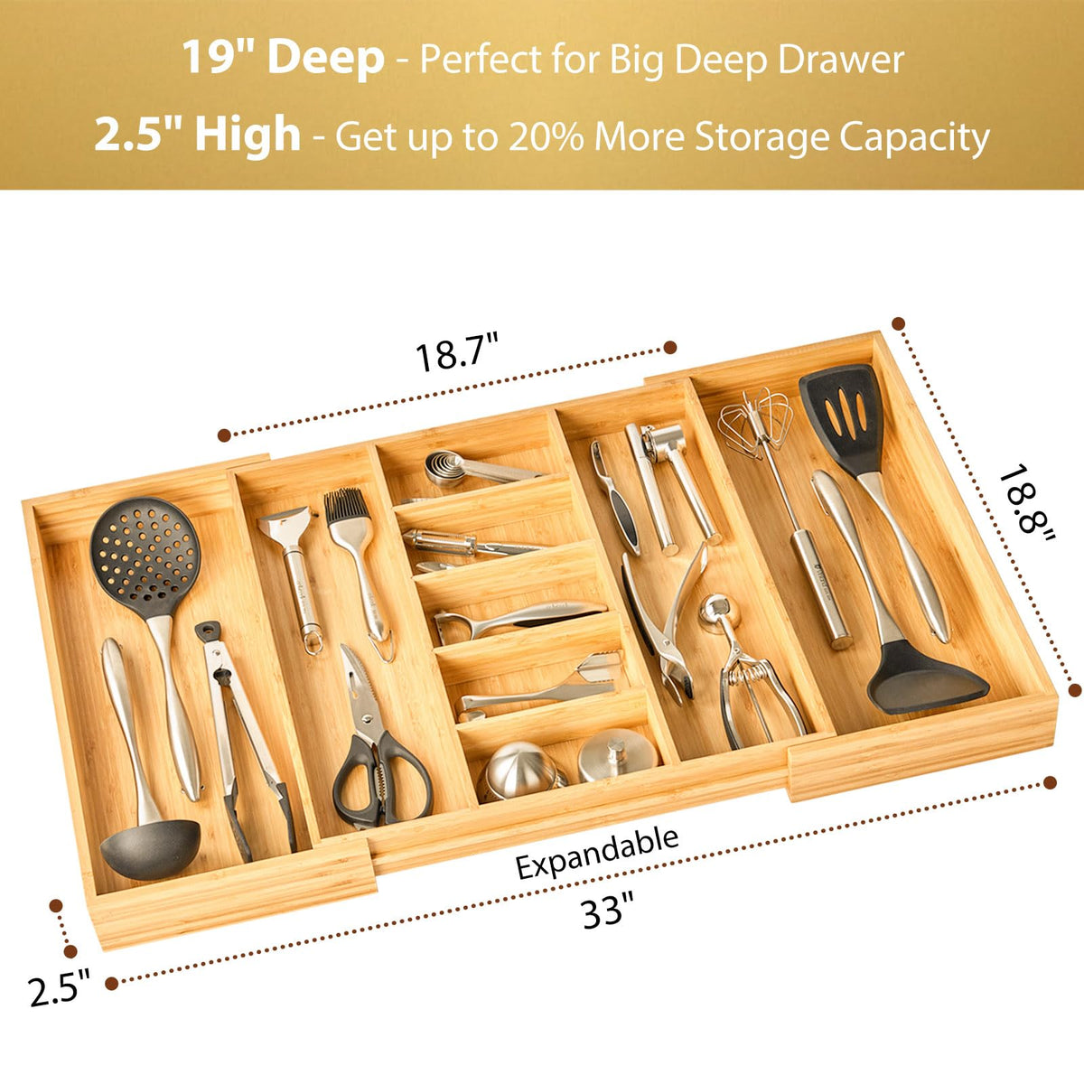Umilife adjustable-width divider shows 19 to 33 inch expansion for drawer fit.