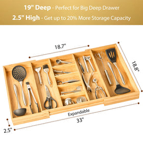 Umilife adjustable-width divider shows 19 to 33 inch expansion for drawer fit.