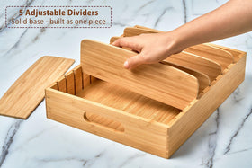 Umilife bamboo drawer caddy with anti-skid feet protects surfaces and stays put.