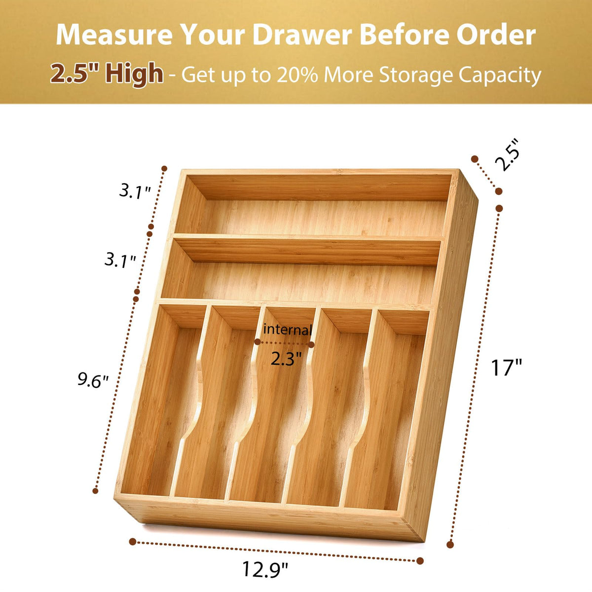 Closeup of mortise-and-tenon dividers in the Umilife bamboo drawer organizer