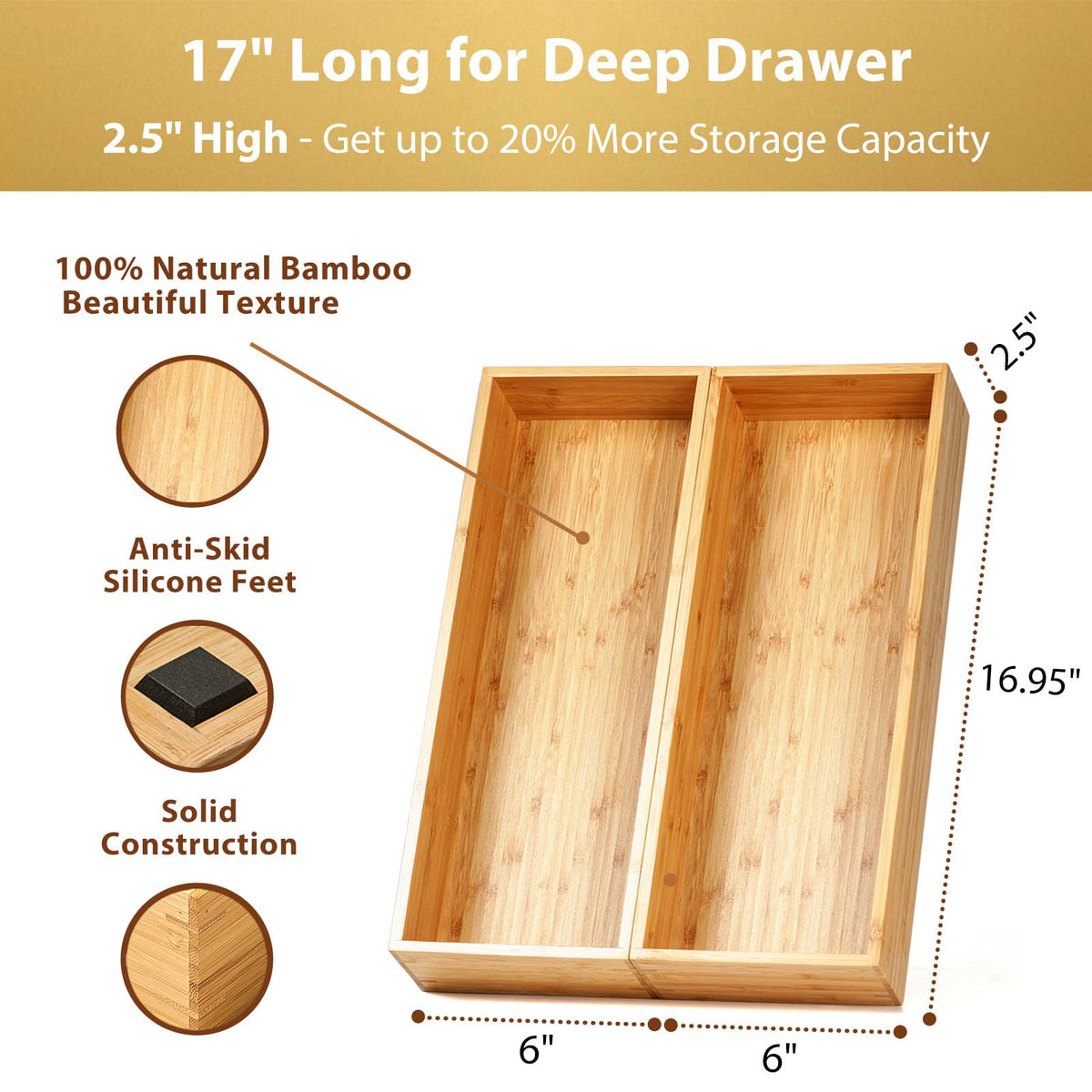 Umilife bamboo drawer dividers 2-pack separate utensils for tidy storage.