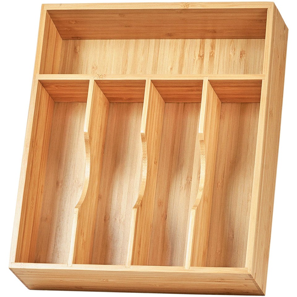 Umilife bamboo drawer organizer with grooved dividers for easy utensil access.