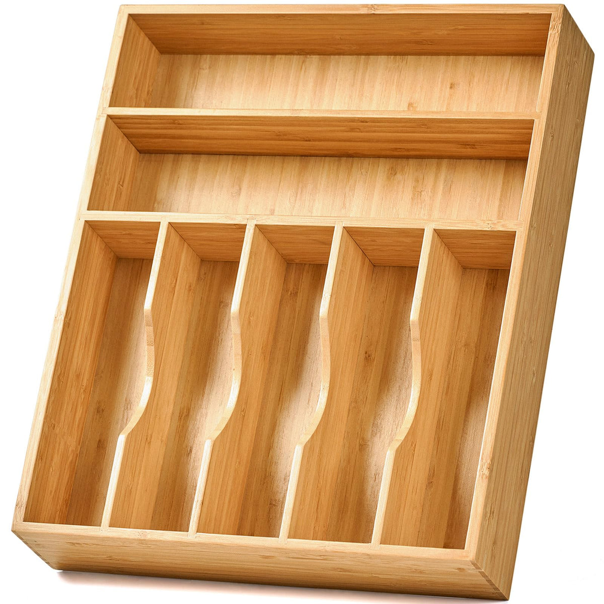 Umilife bamboo drawer organizer in 13-inch interior view with neatly separated utensils