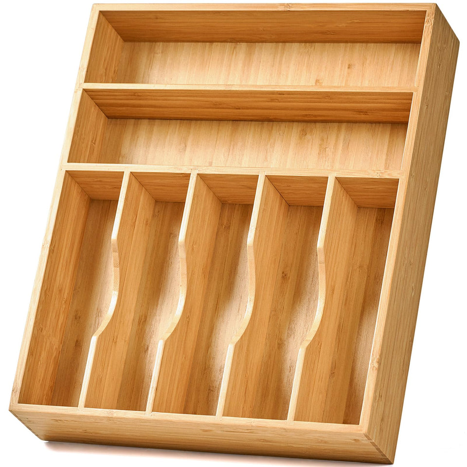 Umilife bamboo drawer organizer in 13-inch interior view with neatly separated utensils