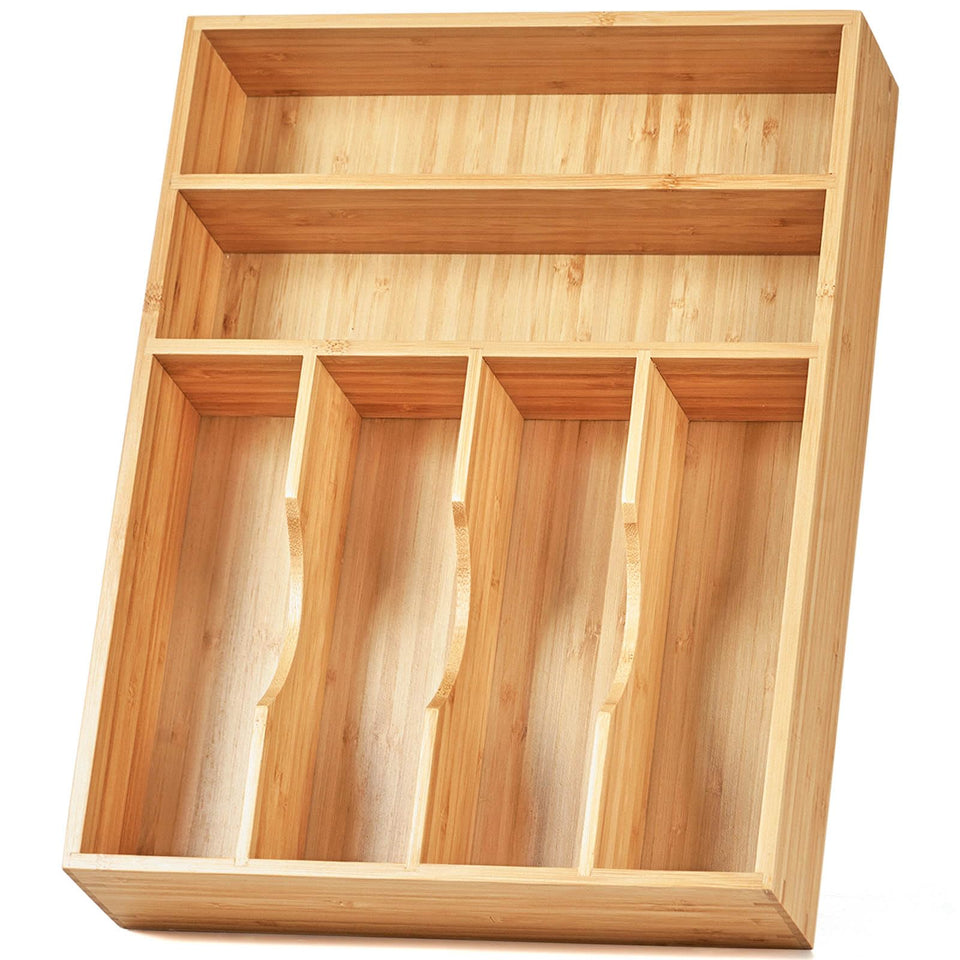 Umilife bamboo drawer organizer with 6 slots keeps flatware neatly spaced and accessible.