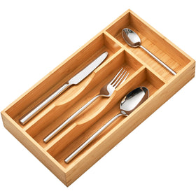 Umilife bamboo drawer organizer 7inch keeps utensils neatly arranged in a small drawer.