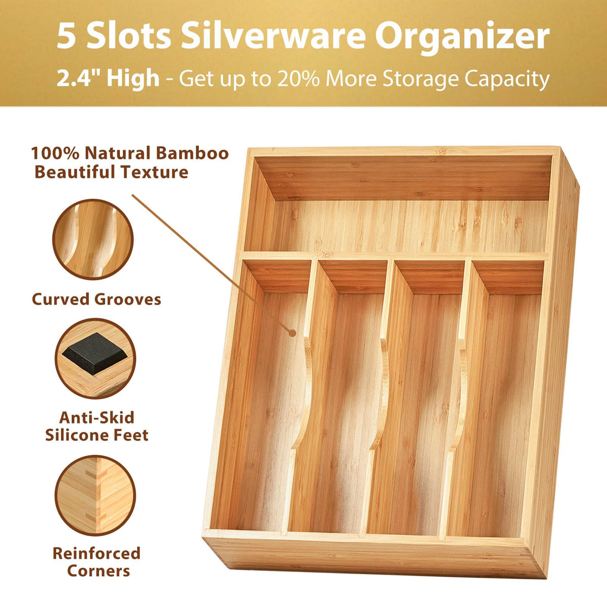 Umilife bamboo-base-drawer-organizer highlights natural grain and scratch resistance.
