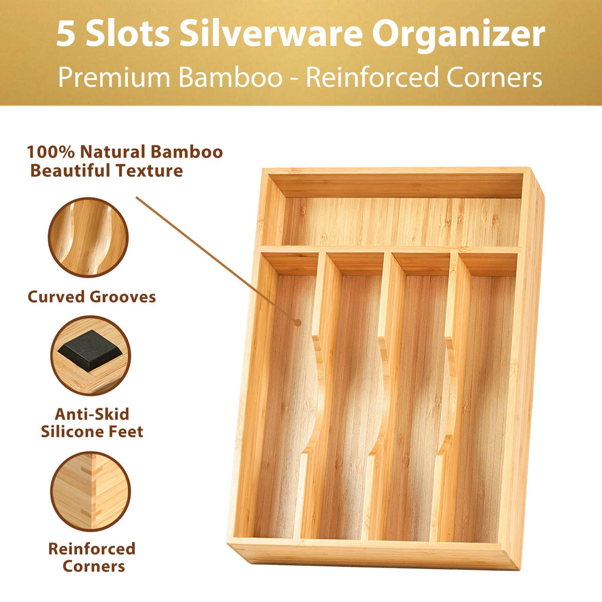 Umilife bamboo organizer side view showing durable mortise and tenon construction.
