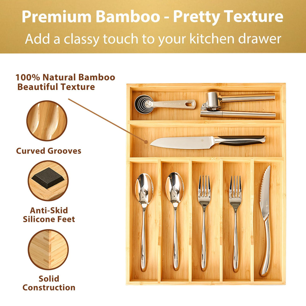 Side view of Umilife bamboo organizer showing compact, organized compartments