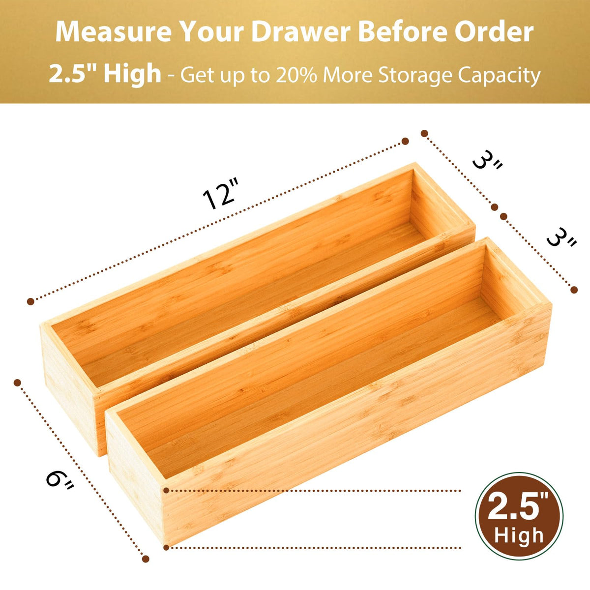 Umilife bamboo drawer organizer side view demonstrates extra height for larger kitchen tools