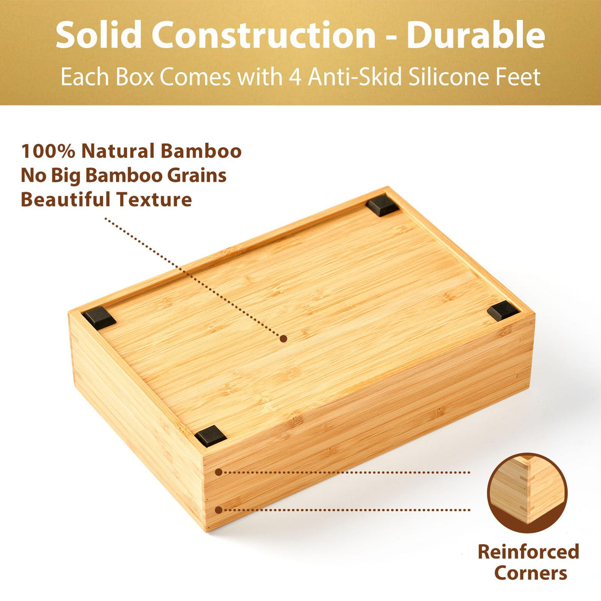 Umilife bamboo organizer with silicone feet stays steady and protects drawer surfaces.