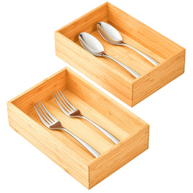 Umilife bamboo drawer organizer with silverware tray for organized kitchen storage.