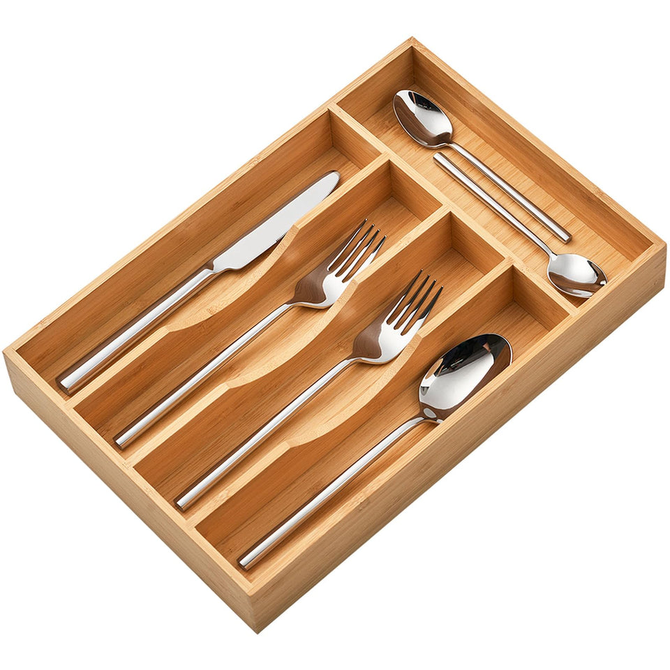 Umilife bamboo drawer organizer top view for compact utensil storage and tidier drawers.