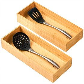 Umilife bamboo kitchen organizer with deep box for ample utensil storage.