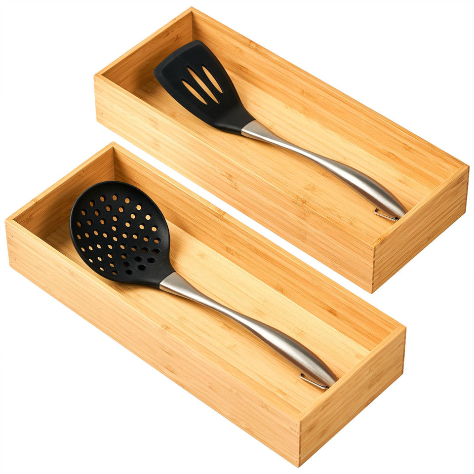 Umilife bamboo kitchen organizer with deep box for ample utensil storage.