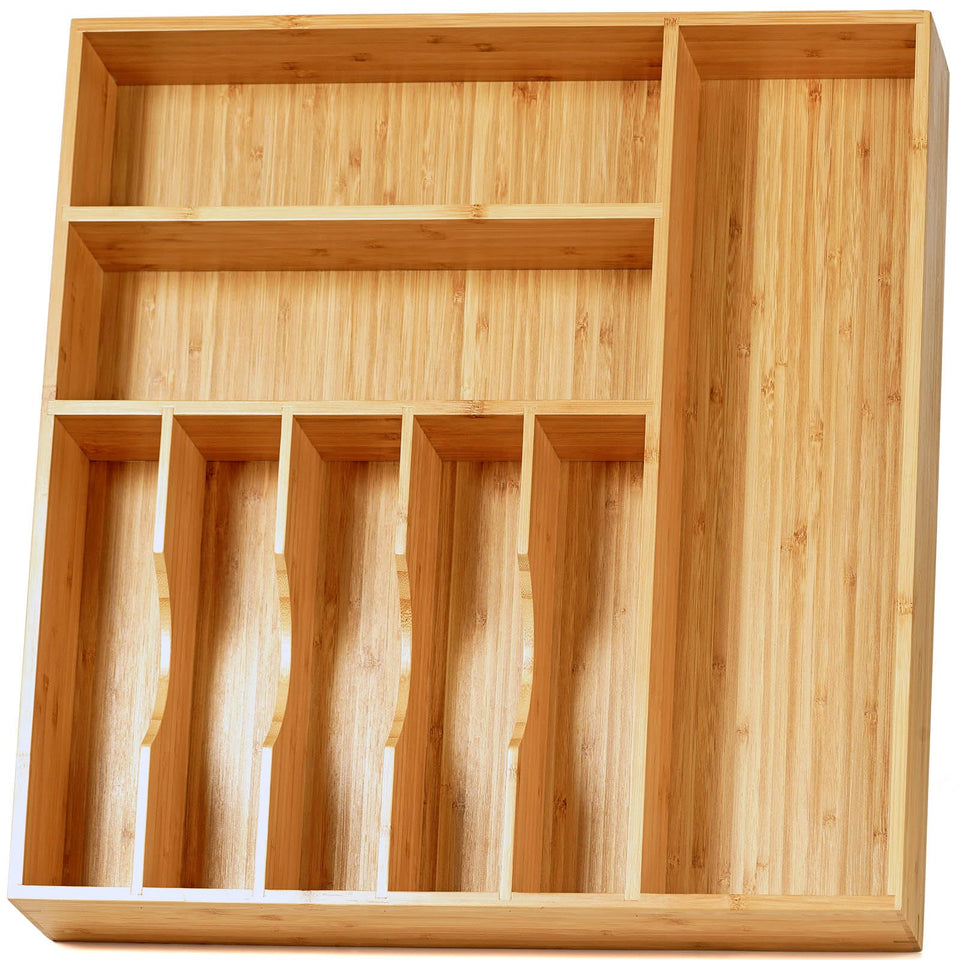 Umilife bamboo silverware organizer top view showing wide compartments for easy utensil access