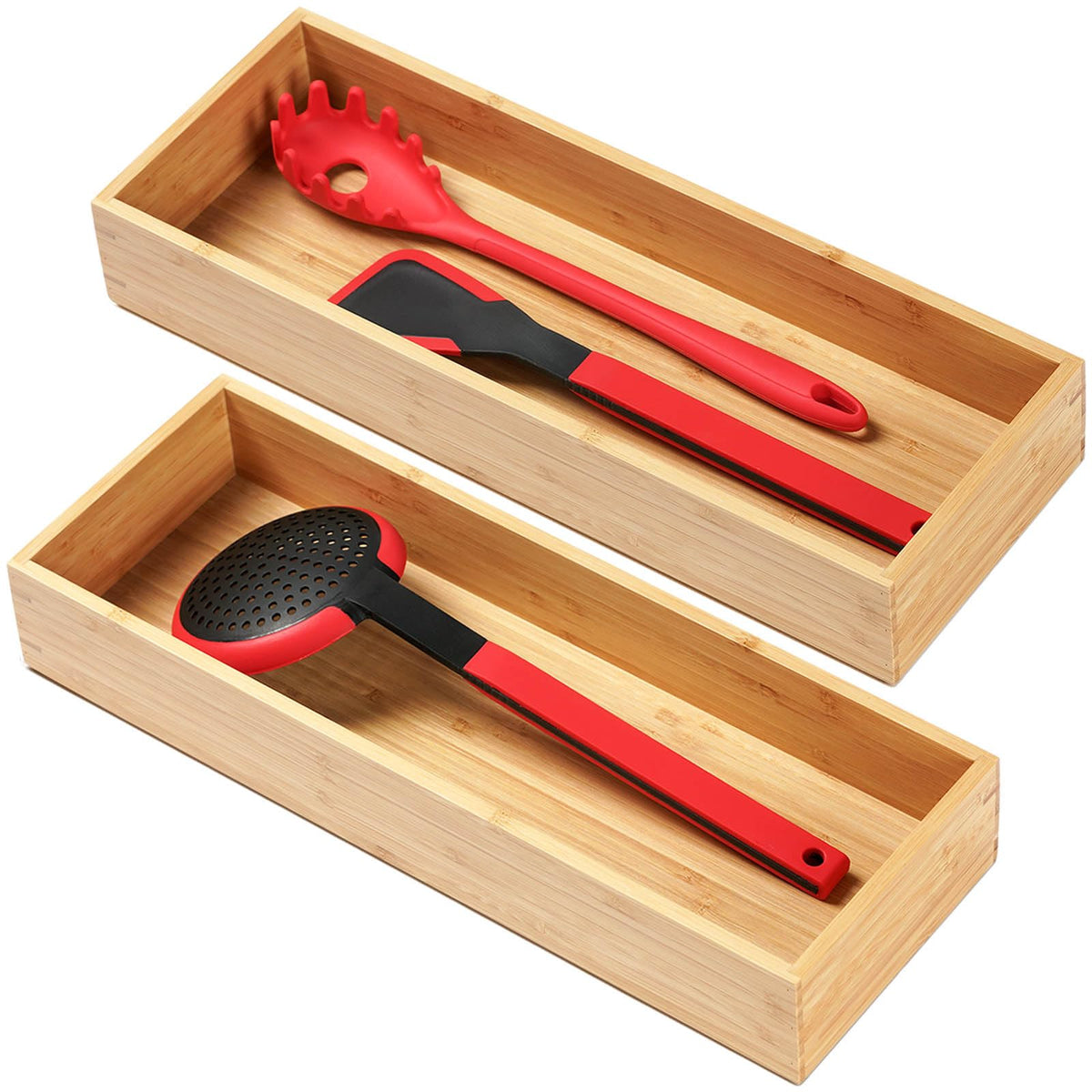 Umilife bamboo utensil organizer in a deep 17-inch drawer keeps large tools organized.