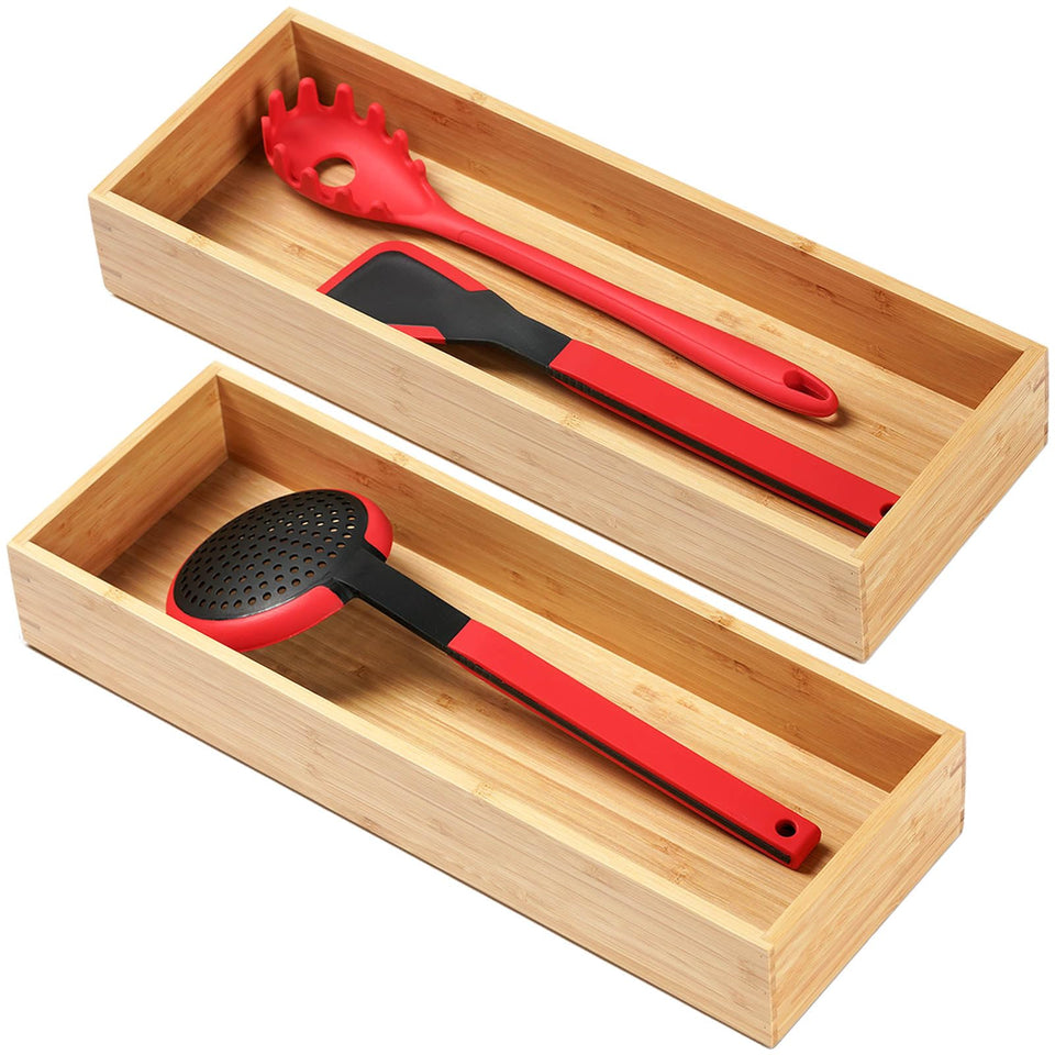 Umilife bamboo utensil organizer in a deep 17-inch drawer keeps large tools organized.